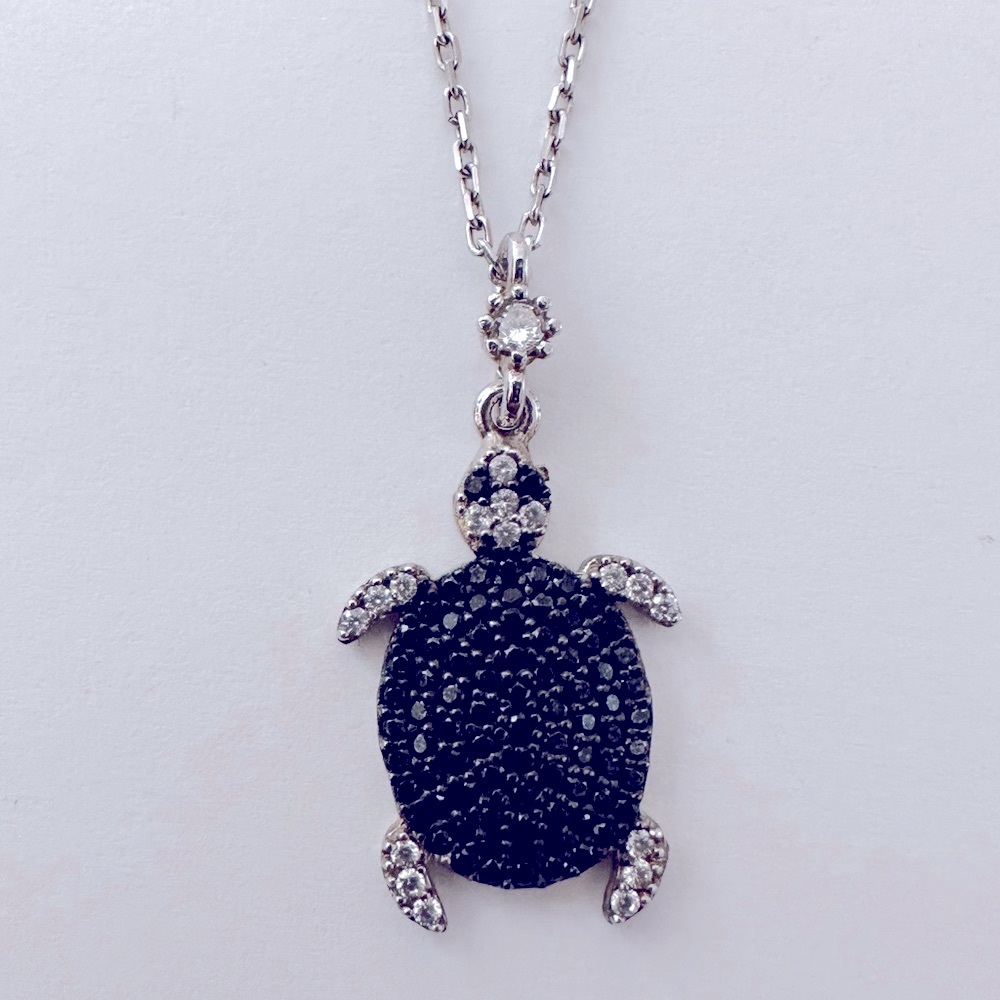925 Silver turtle necklace black / clear cz stones
